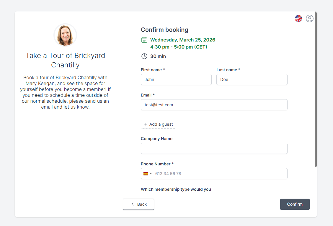 Example of intake scheduling form from Koalendar used by Brickyard
